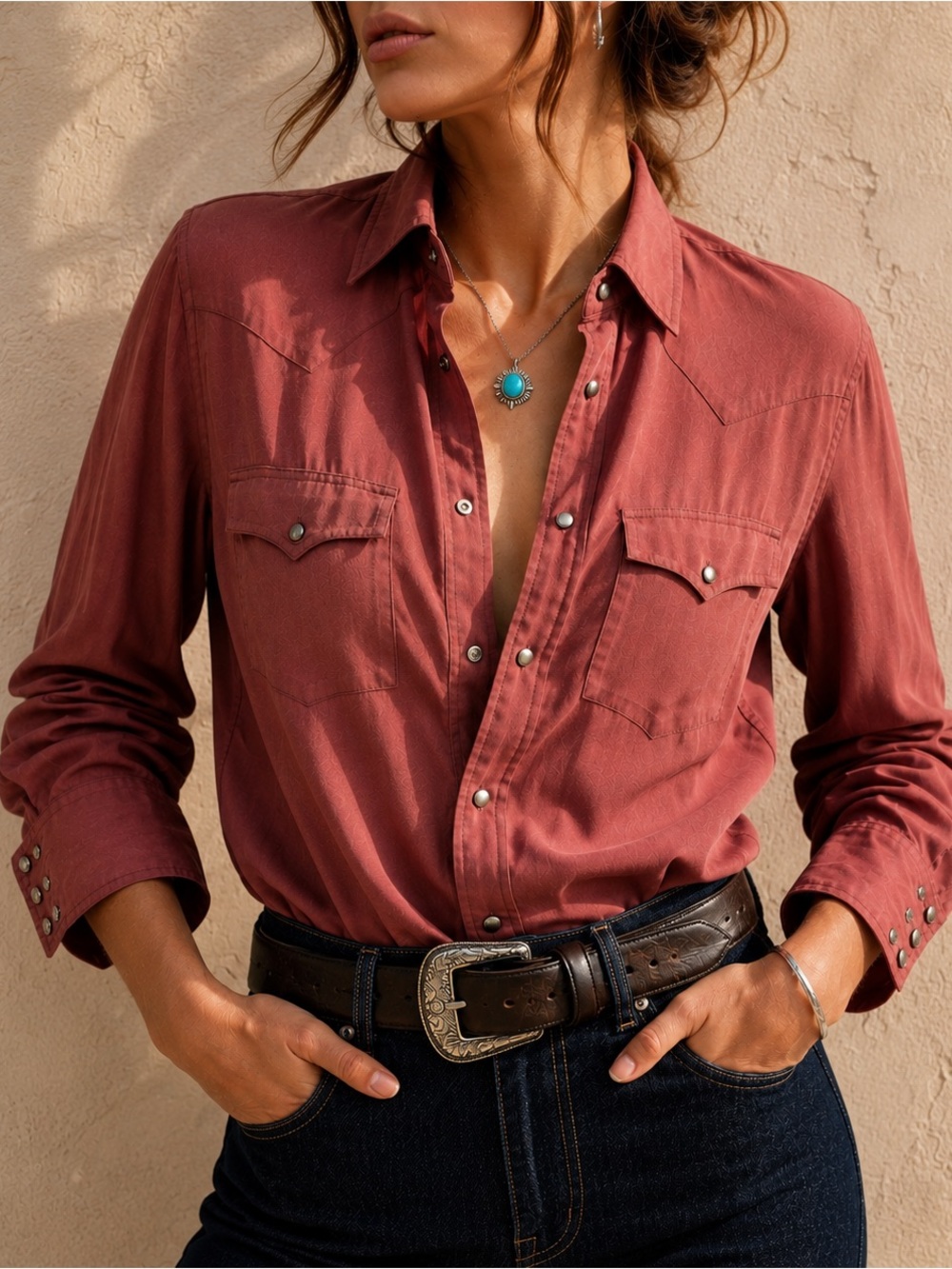 Ralph Lauren Women’s 8 Western Pearl Snap Shirt Rayon Cowboy Dusty Rose